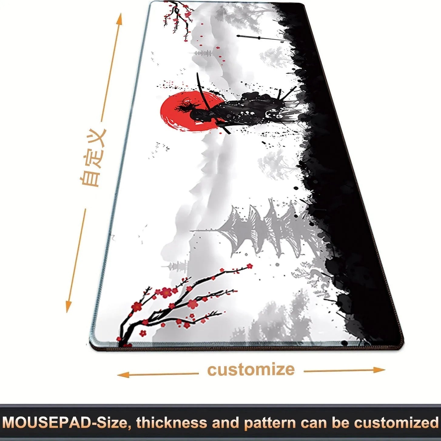 Japanese Samurai design gaming mouse pad on desk with non-slip rubber base