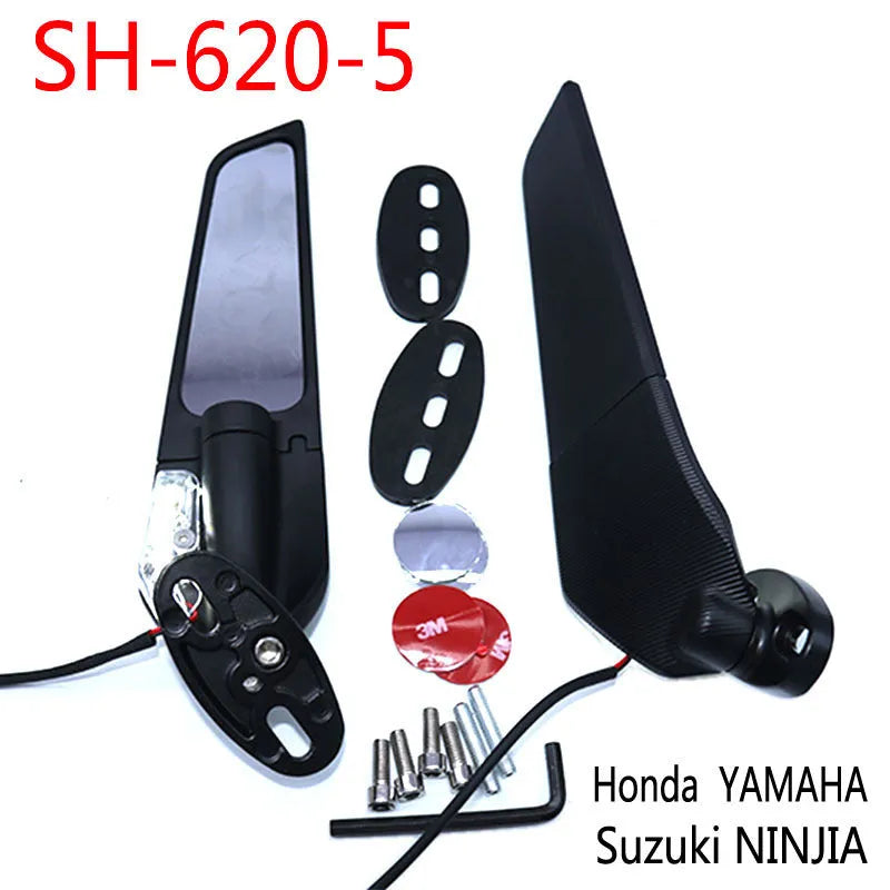 Motorcycle rearview mirror spoiler with integrated yellow light, aluminium alloy construction, convex white glass lens