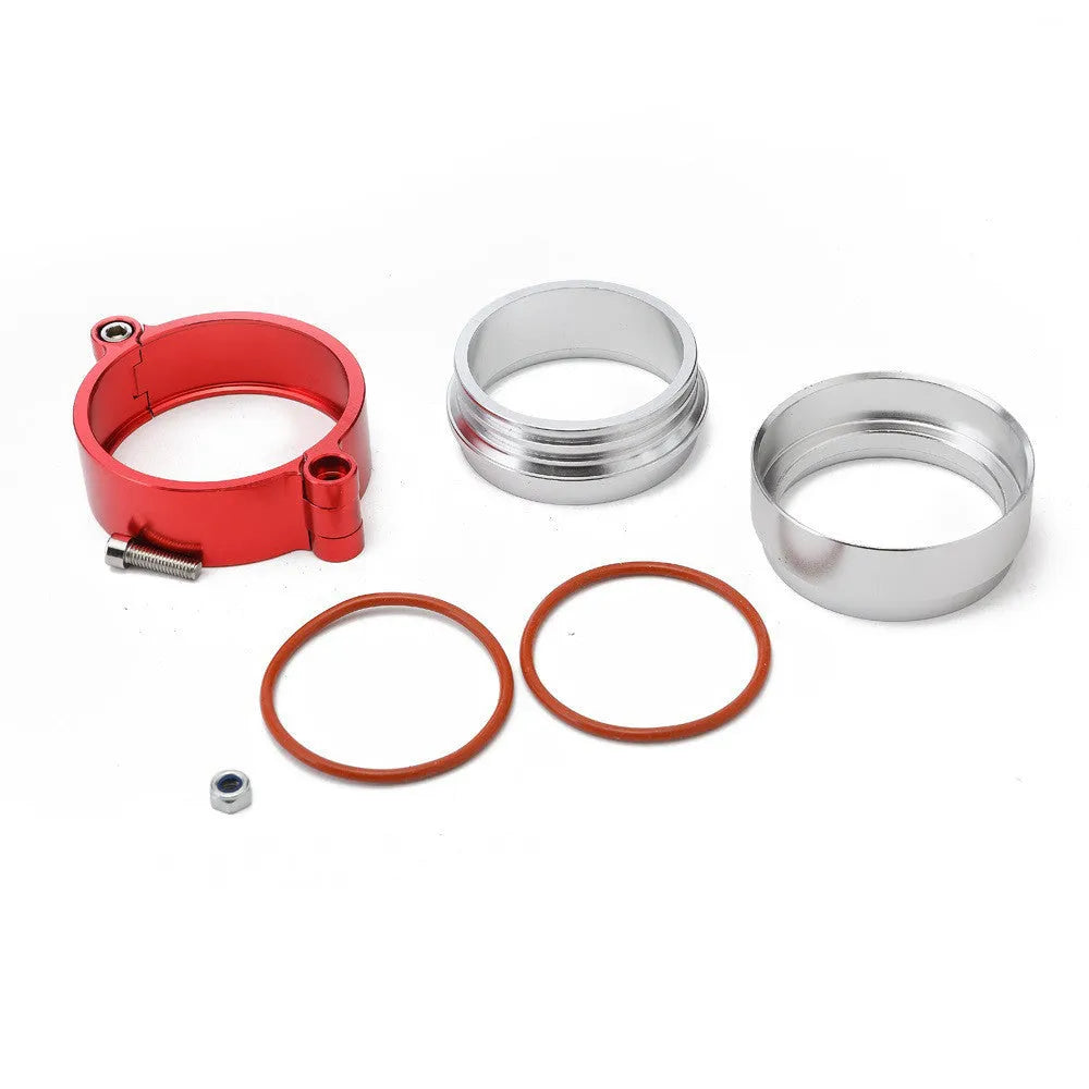 Aluminium turbo exhaust clamp in black colour showing fixed movement design for 2-4 inch exhaust pipes