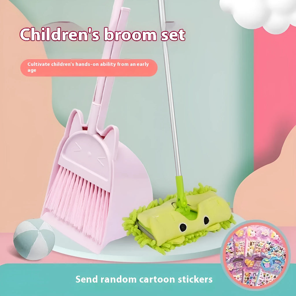 Plastic broom and dustpan set with adjustable rotating brush head in beige colour.