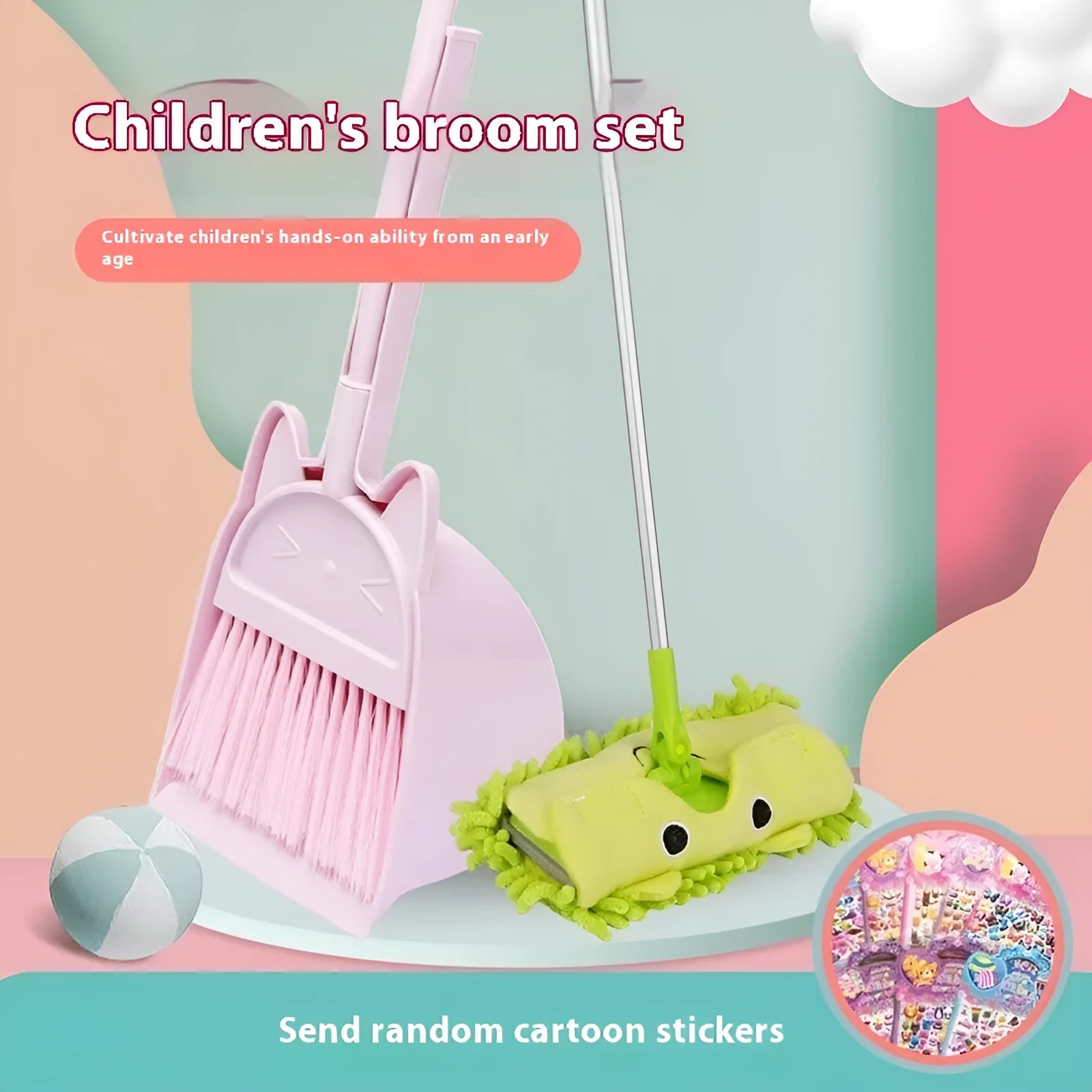 Plastic broom and dustpan set with adjustable rotating brush head in beige colour.