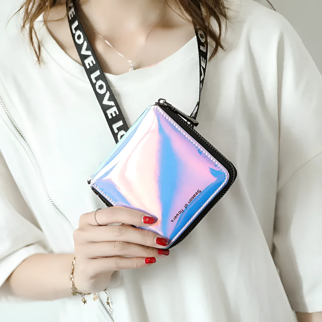 Women's short folding wallet with Korean style design showing crystal blue colour option