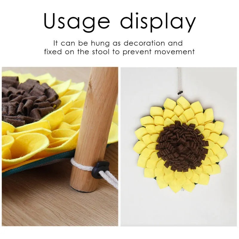 Yellow sunflower shaped dog snuffle mat with fleece petals for treat hiding games