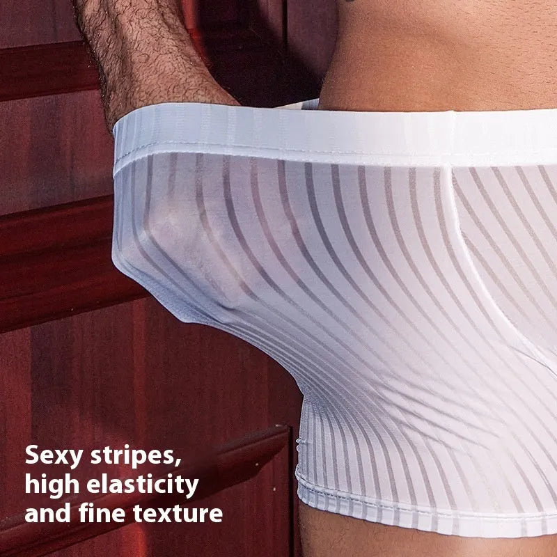 Men's black and white striped nylon boxer briefs on a grey background.