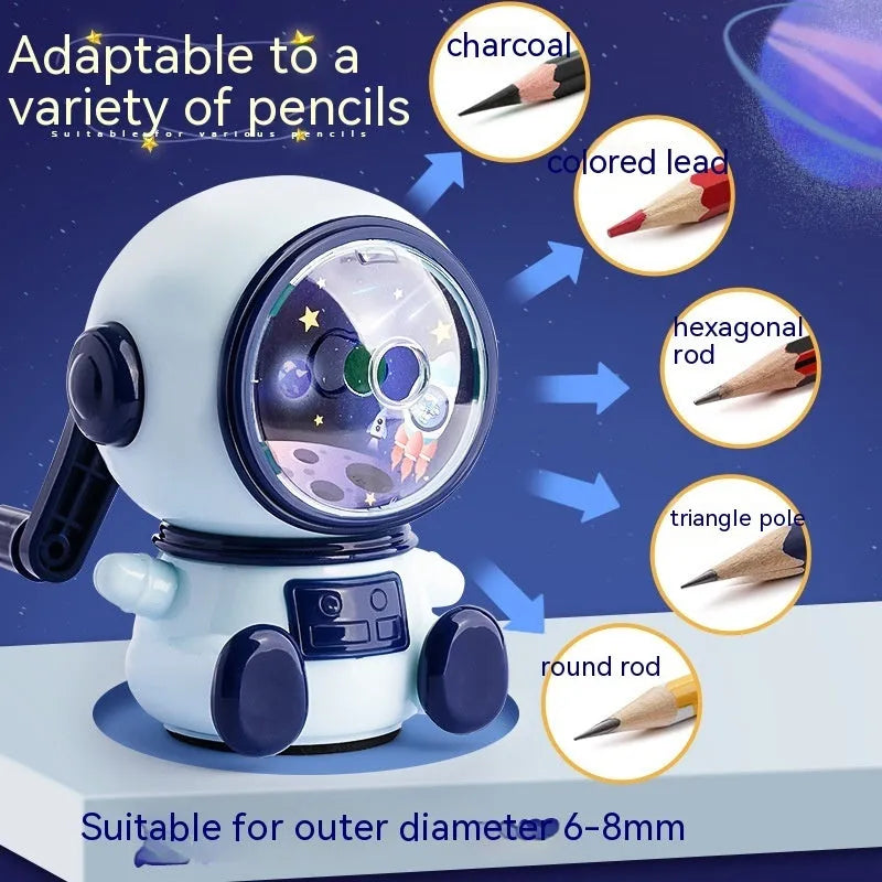 Blue astronaut pencil sharpener with manual operation and anti-jam mechanism