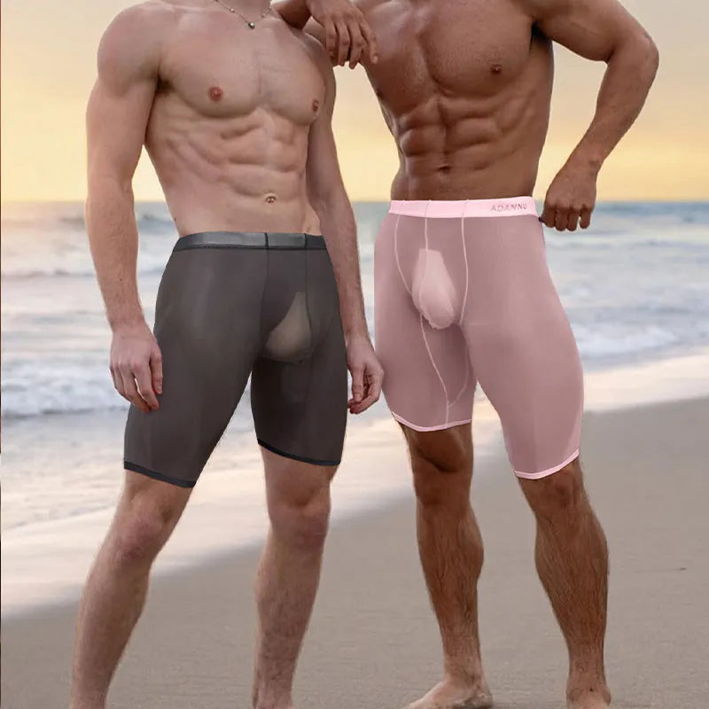 Man wearing black seamless knitted nylon mesh shorts with a close, hip-lifting fit.
