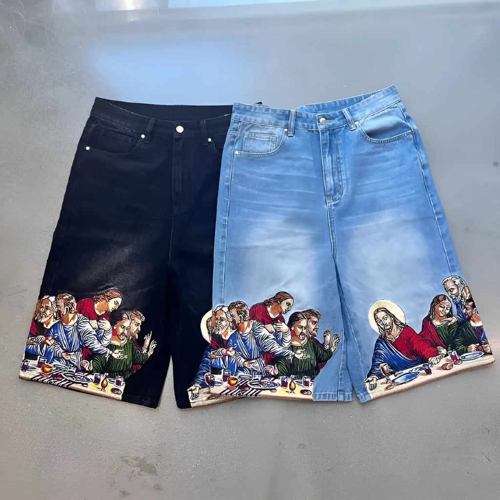 Men's blue cotton tapered shorts with Jesus print on back pocket, showing tapered leg design