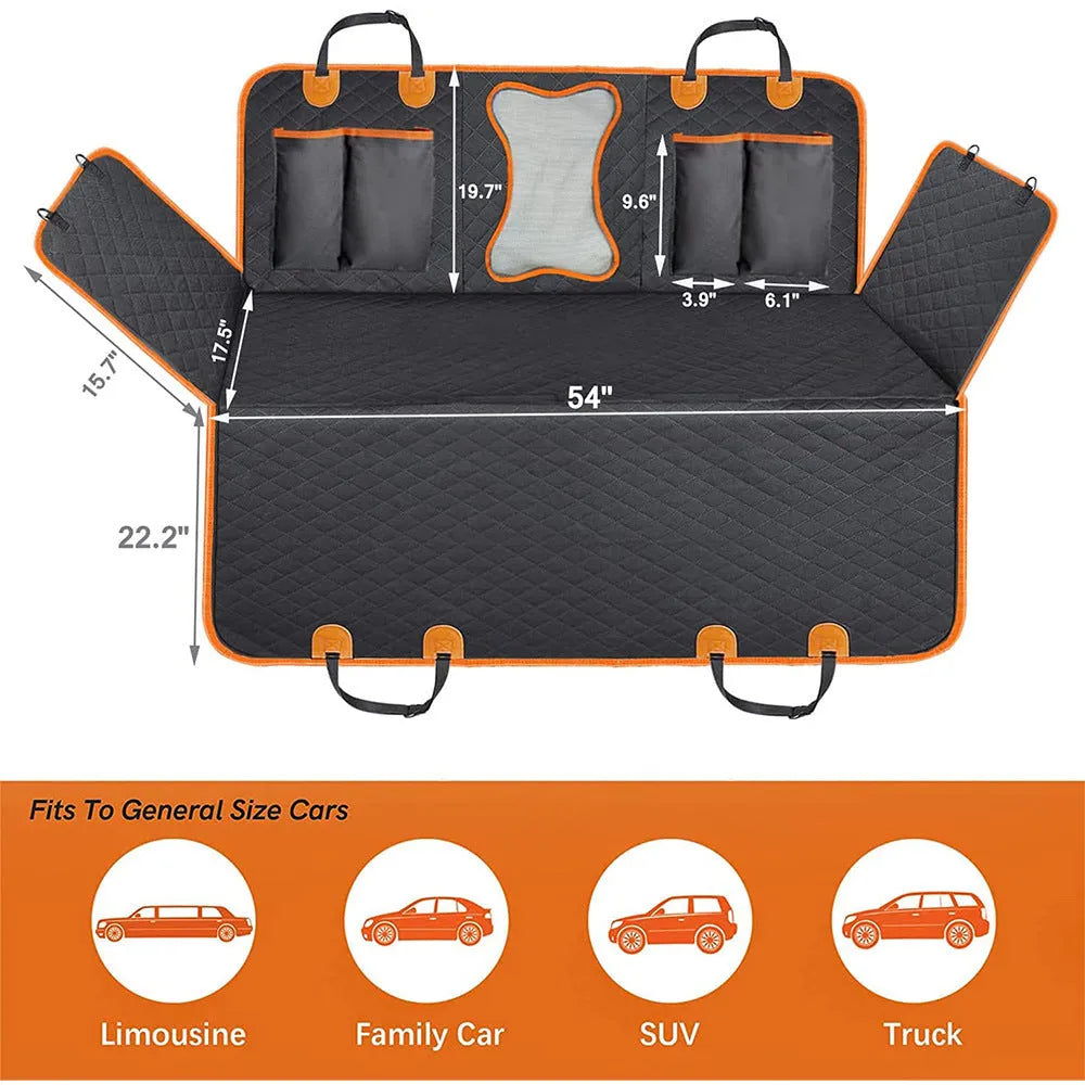 Black waterproof dog car hammock with orange edge, installed on rear seats with mesh window visible.