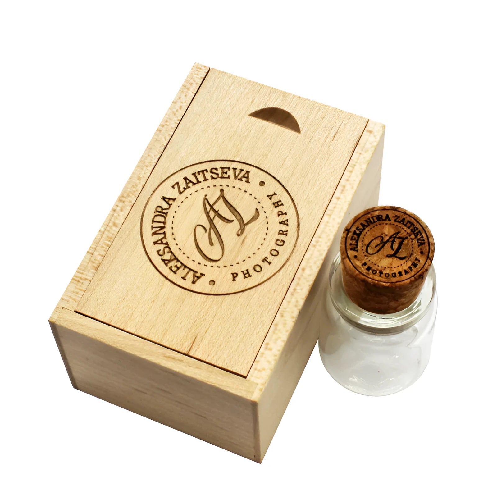 Personalised chocolate brown wooden drift bottle design USB flash drive with custom graphic lettering.