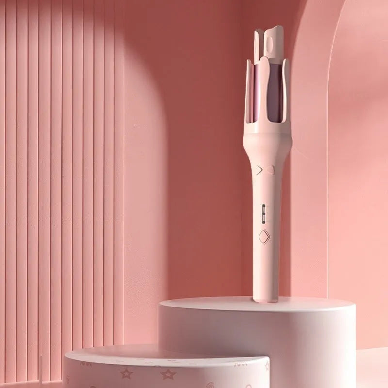 Automatic hair curler with 32mm barrel in white brand pink colour with multiple plug adapters