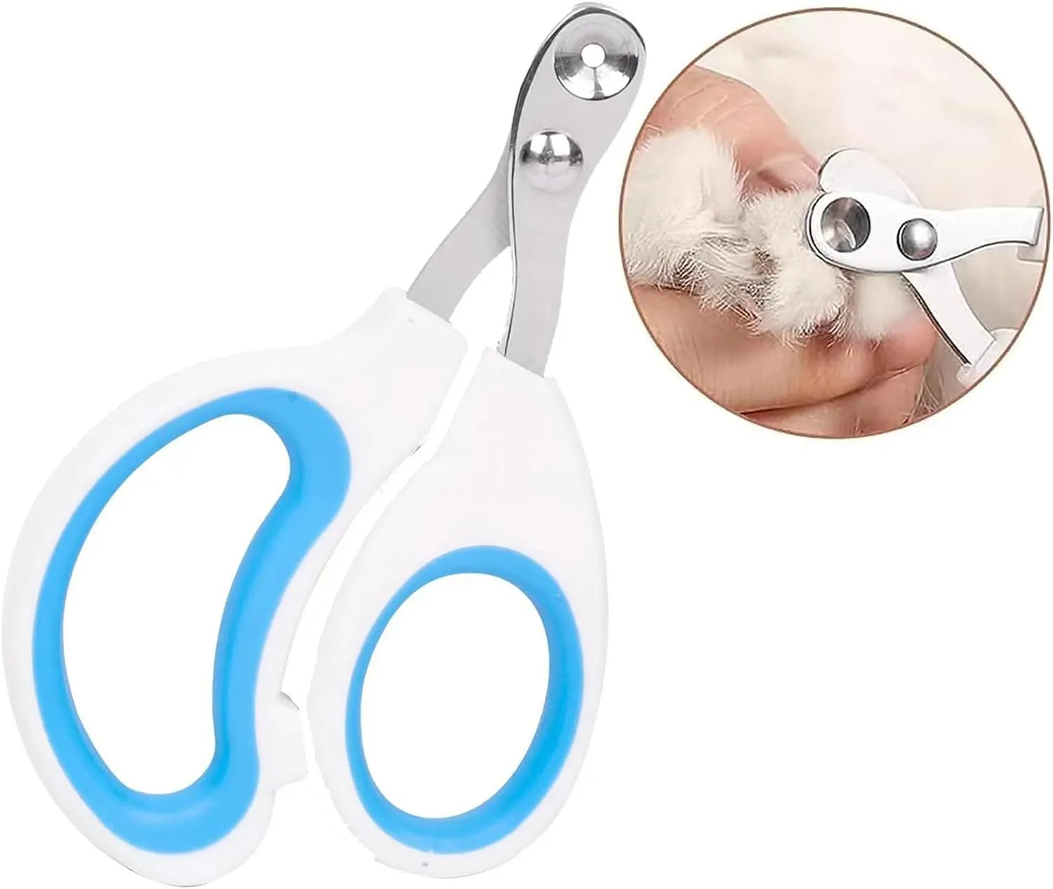 Blue pet nail clippers with a circular safety hole and cushioned non-slip handle.