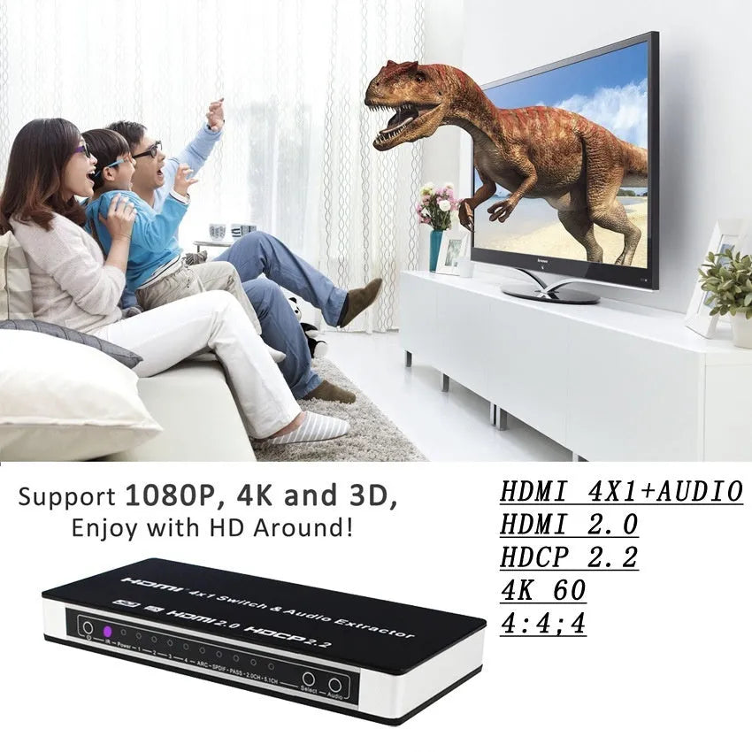 Black 4-in 1-out HDMI audio extractor switch with remote control on a dark surface.