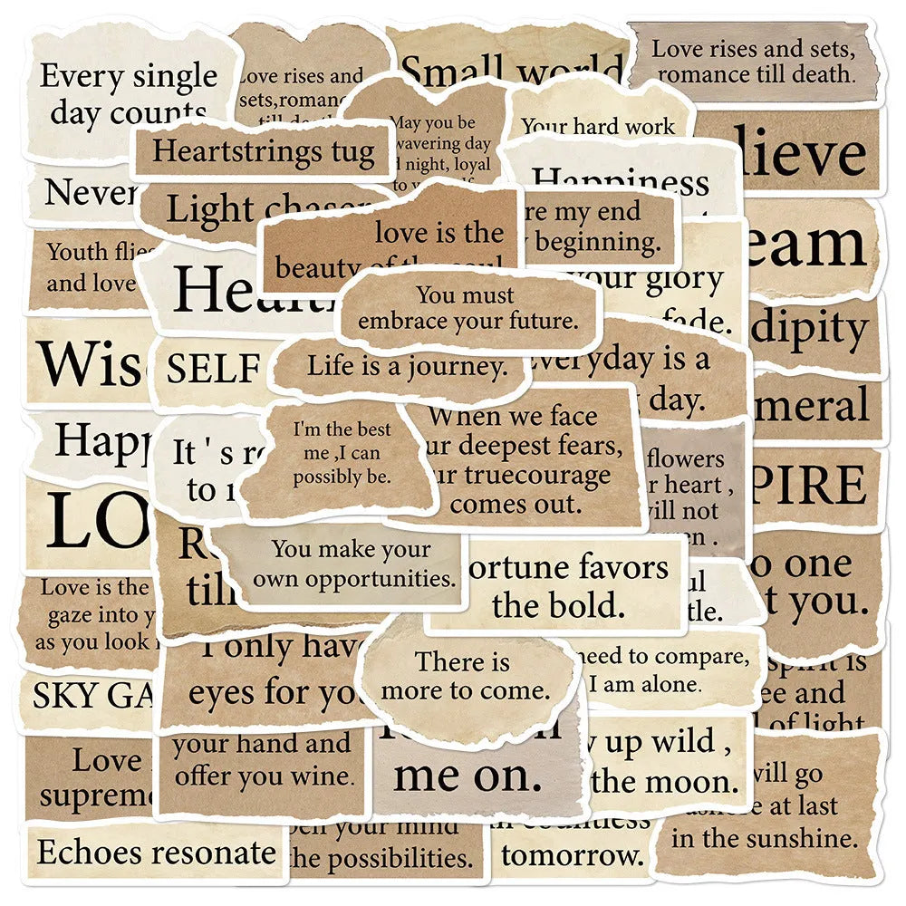 Set of 25 tear English text decorative PVC stickers for laptops and phones.