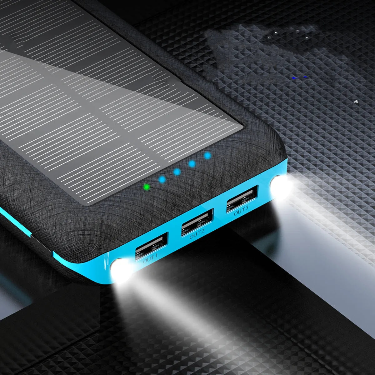 Black portable power bank with Qi wireless charging pad and three USB ports on the side