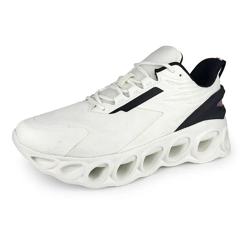 Men's breathable mesh sports shoes with low top design, EVA sole, and lace-up closure in black, white, or dark blue colors