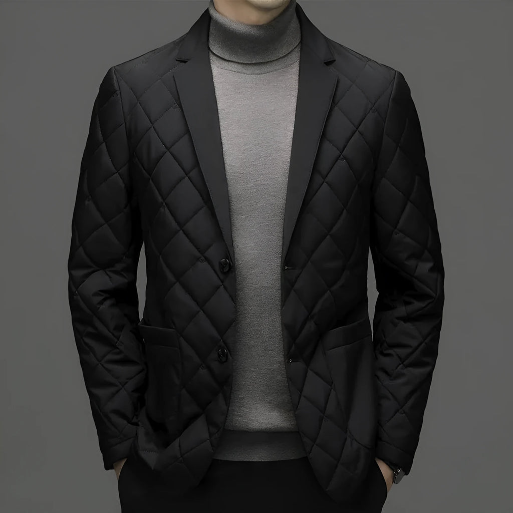 Men's black lapel-style down jacket with side seam pockets on a solid colour background.