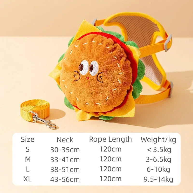 Cartoon hamburger design pet vest leash with adjustable straps and backpack feature