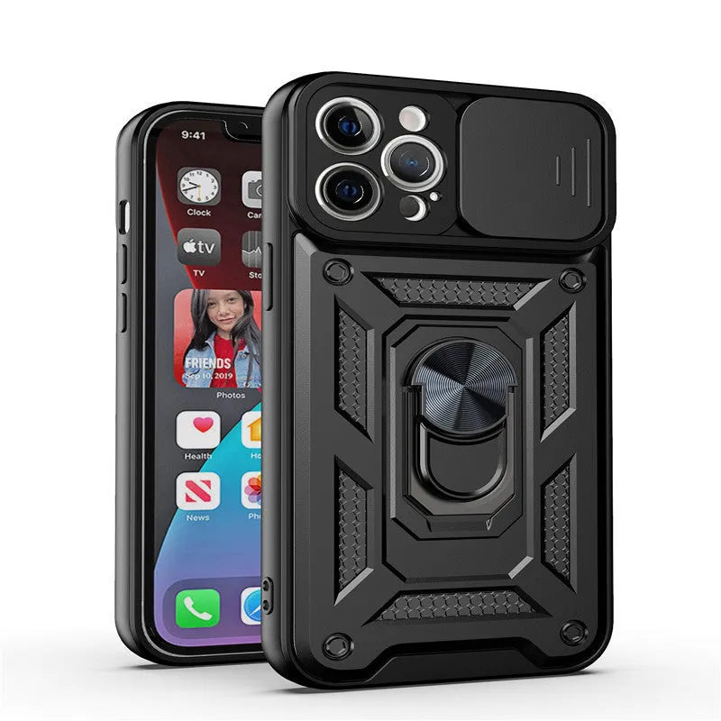 Sergeant sliding window magnetic bracket phone case for iPhone in blue, showing the back cover with sliding panel.