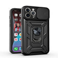 Sergeant sliding window magnetic bracket phone case for iPhone in blue, showing the back cover with sliding panel.
