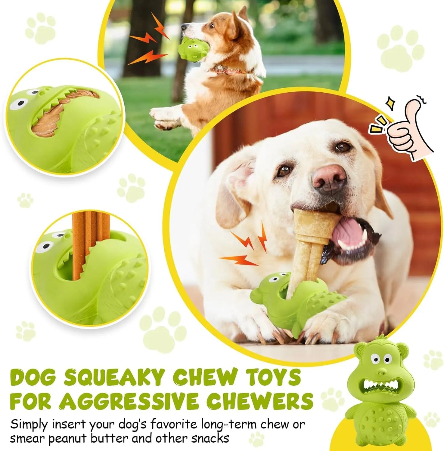 Green natural rubber dog chew toy for aggressive chewers with treat-filling hole