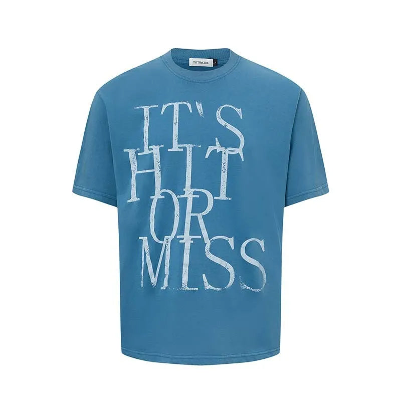 Men's blue American Retro letter print cotton blend t-shirt with round neck and loose fit
