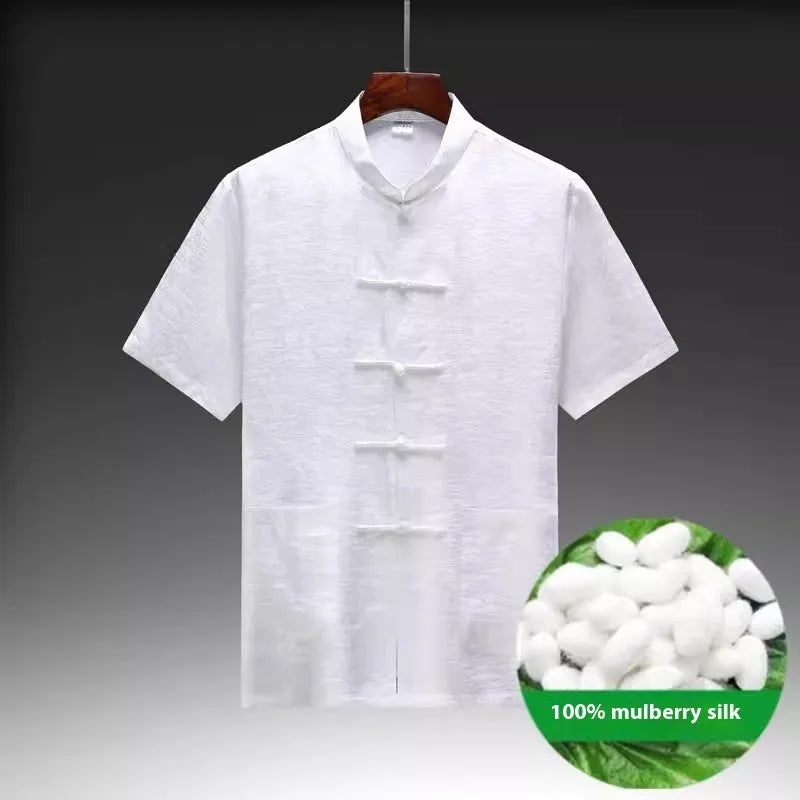 Mulberry silk Chinese-style men's Tang suit in light green with traditional button detailing