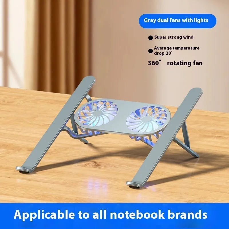 Aluminium alloy portable folding laptop stand with twin cooling fans
