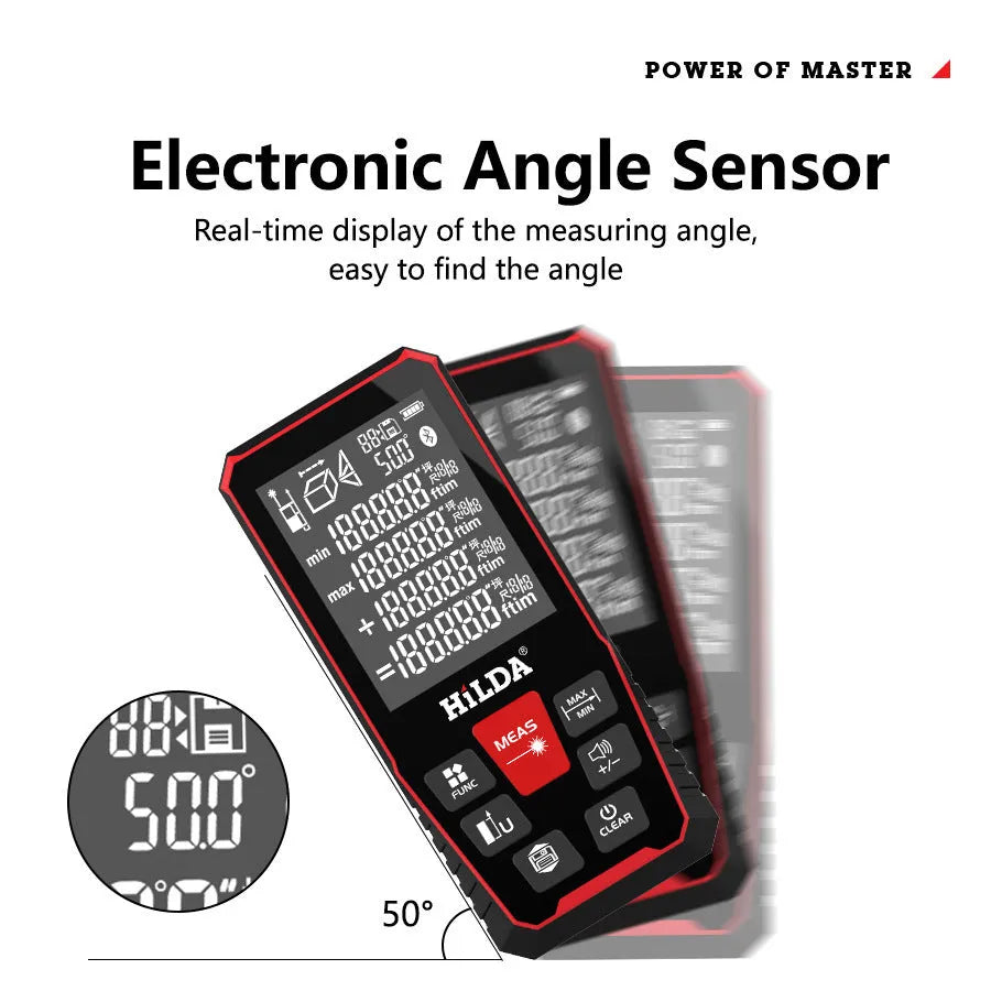 Handheld black laser rangefinder with digital display for measuring distances up to 120 metres.