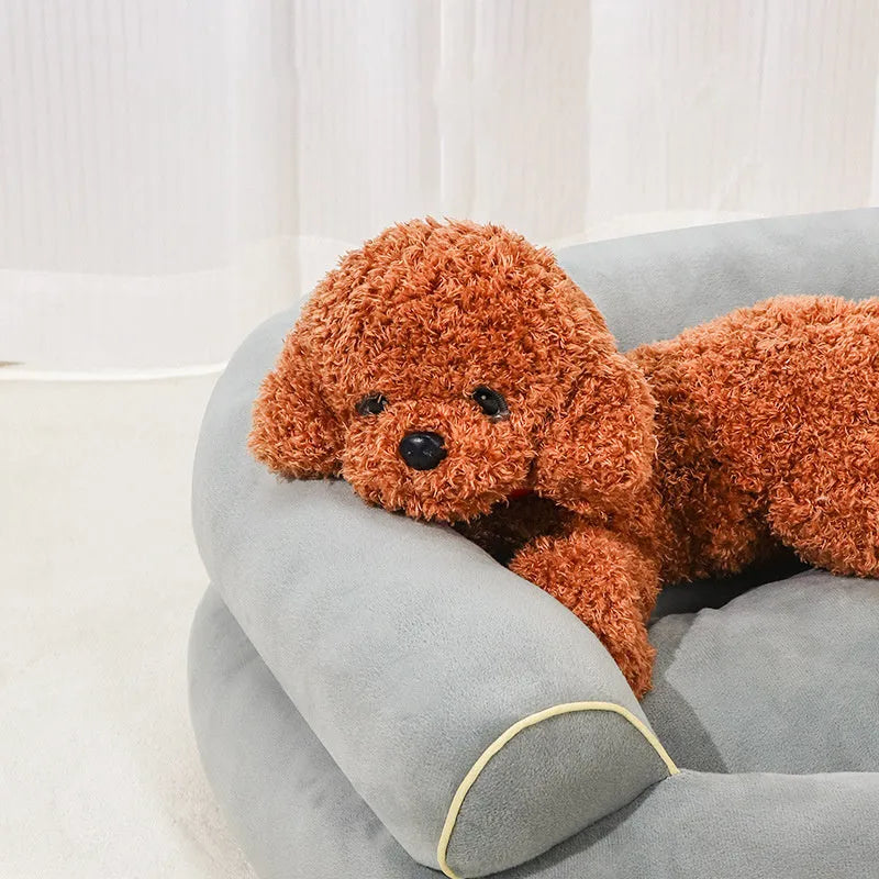 Velvet pet sofa bed for dogs and cats, rectangular shape, available in blue, dark grey, khaki and light grey, sizes from 45x35x18cm to 125x76x26cm
