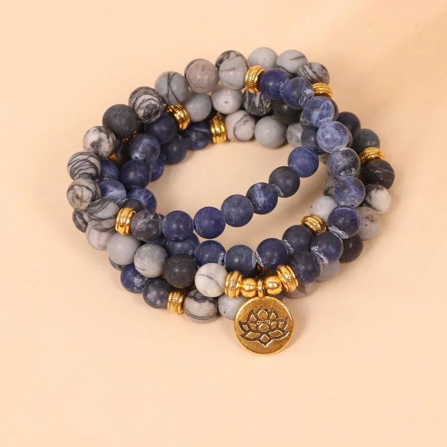 Blue patterned network stone bead multi layer alloy bracelet with natural fresh sweet style.
