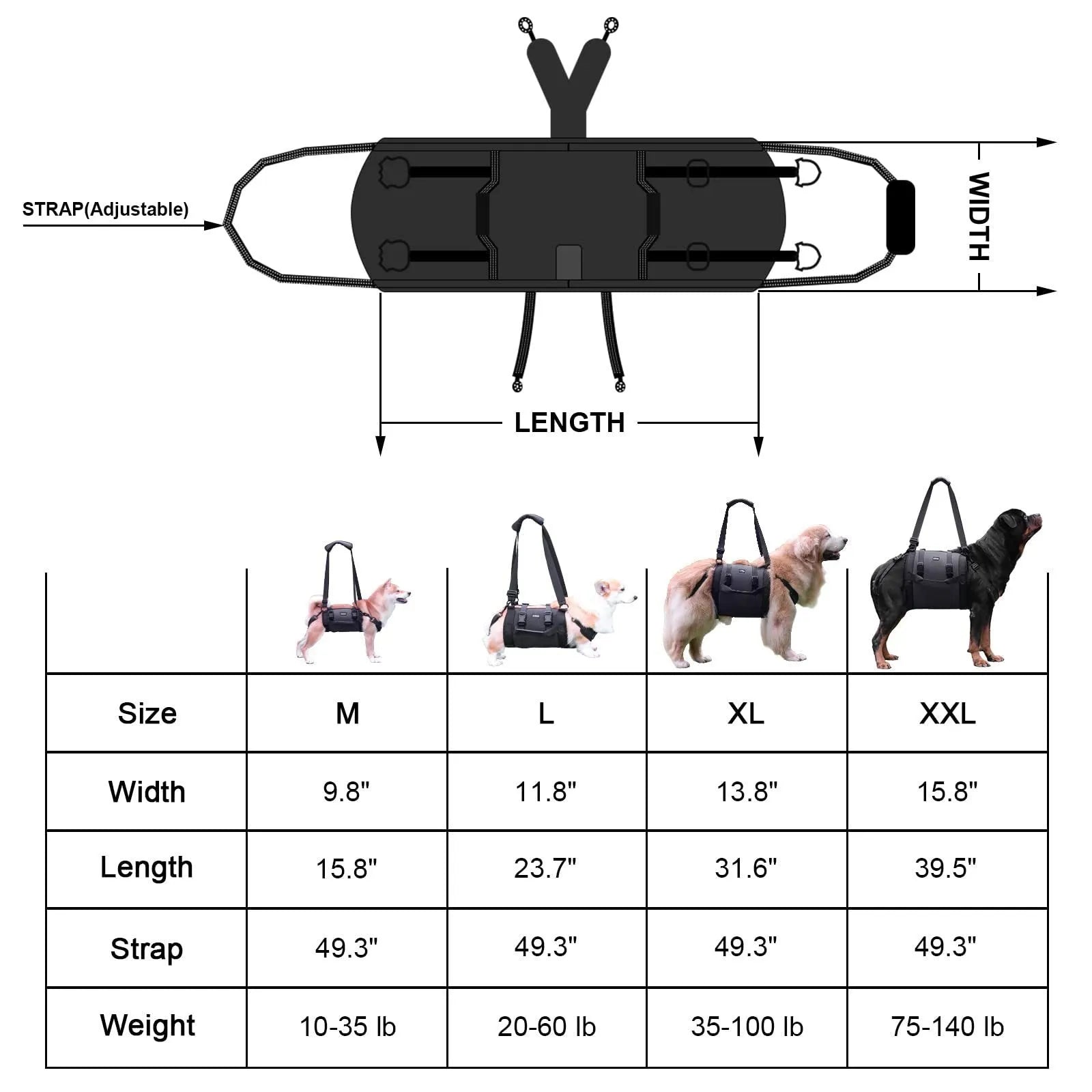 Black Oxford cloth dog rehabilitation harness with adjustable breast strap for leg support.