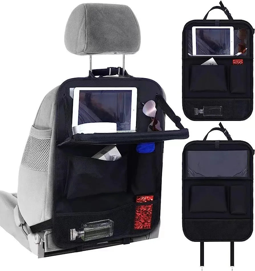 Black Oxford cloth car seat back hanging organiser bag measuring 42x30cm