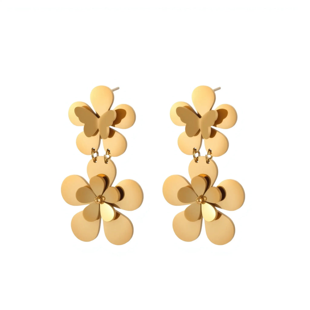 Gold floral butterfly design stainless steel earrings for women with geometric elements