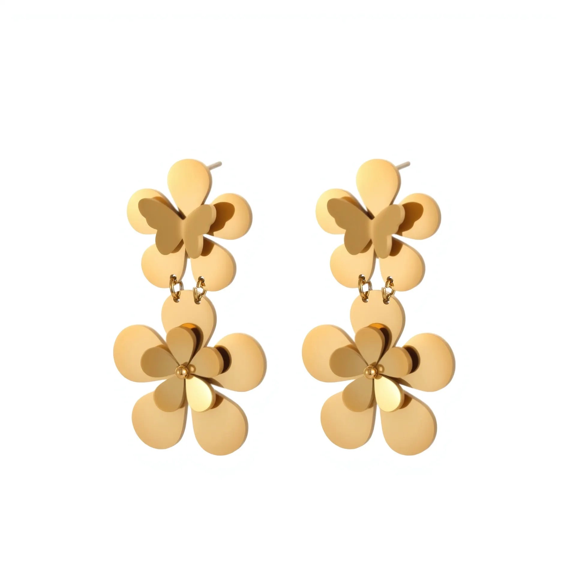 Gold floral butterfly design stainless steel earrings for women with geometric elements