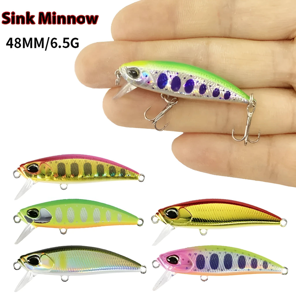 48mm soft plastic submerged minnow fishing lure for mandarin fish and snakehead, showing one of 14 colour options.