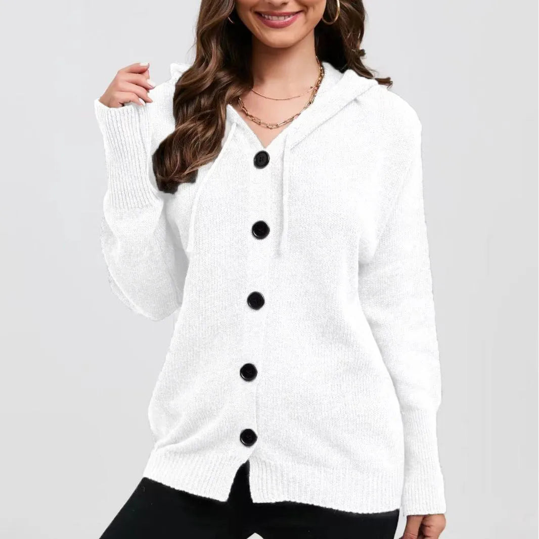 Women's zip-front hooded cardigan sweater in thick cotton fabric, loose fit with long sleeves