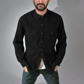 Men's regular fit denim cardigan coat in khaki, shown open over a white t-shirt.