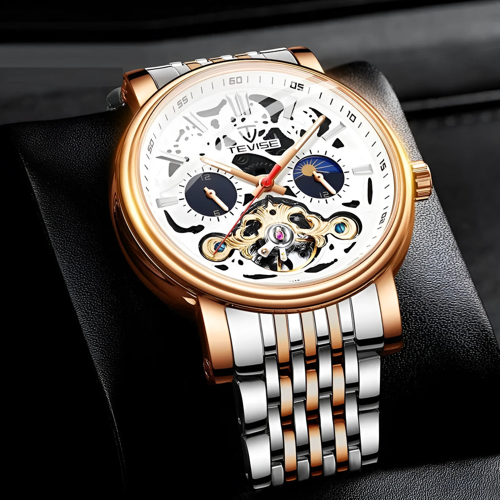 Tourbillon mechanical watch with water resistance, luminous elements, and 16.5mm thickness in black colour
