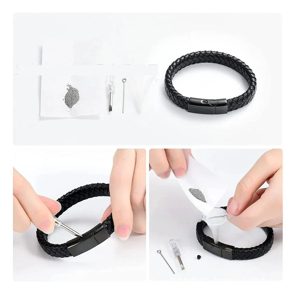 Black leather cord bracelet with woven stainless steel casket pendant.