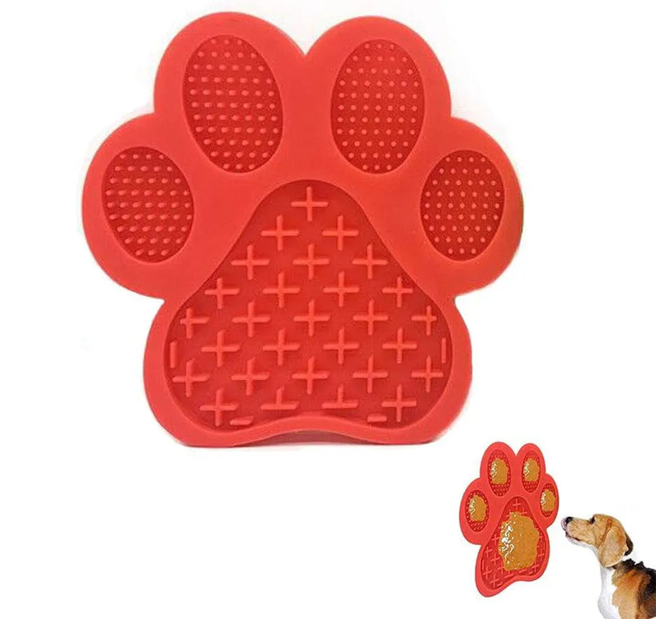 Square blue silicone dog licking mat with bone texture and suction cups on the back.
