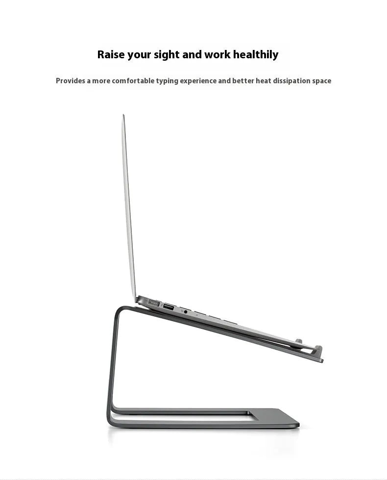 Black aluminium alloy laptop stand on desk elevating computer for ergonomic use