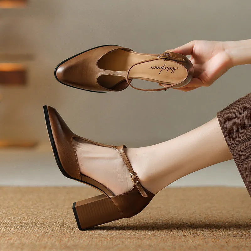 Retro pointed Mary Jane shoes with hollow design in dark brown and pink featuring cowhide upper and buckle strap