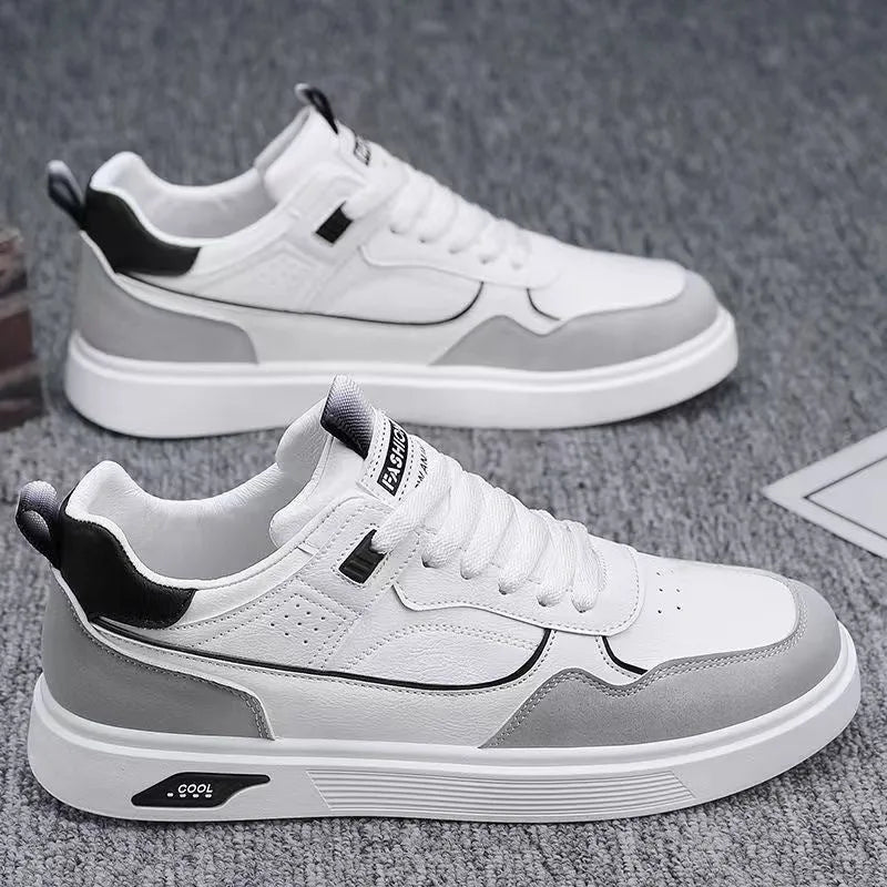 Men's Korean-style canvas board shoes with leather stitching and mesh lining in solid colour options