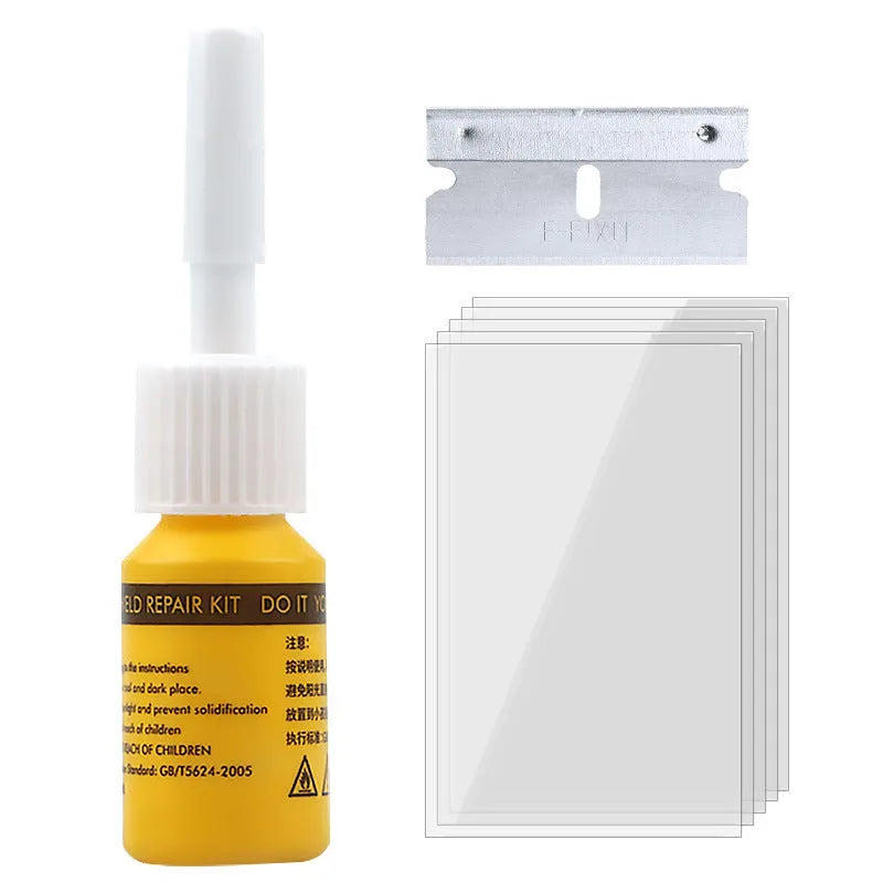 Yellow car glass repair tool set with windscreen repair liquid and injection tools