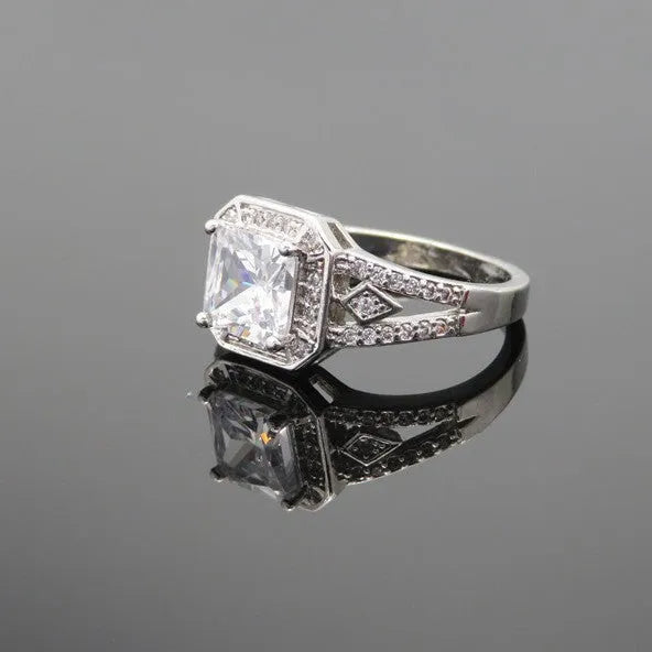 Geometric zircon ring with hollow design and platinum colour finish on solid copper