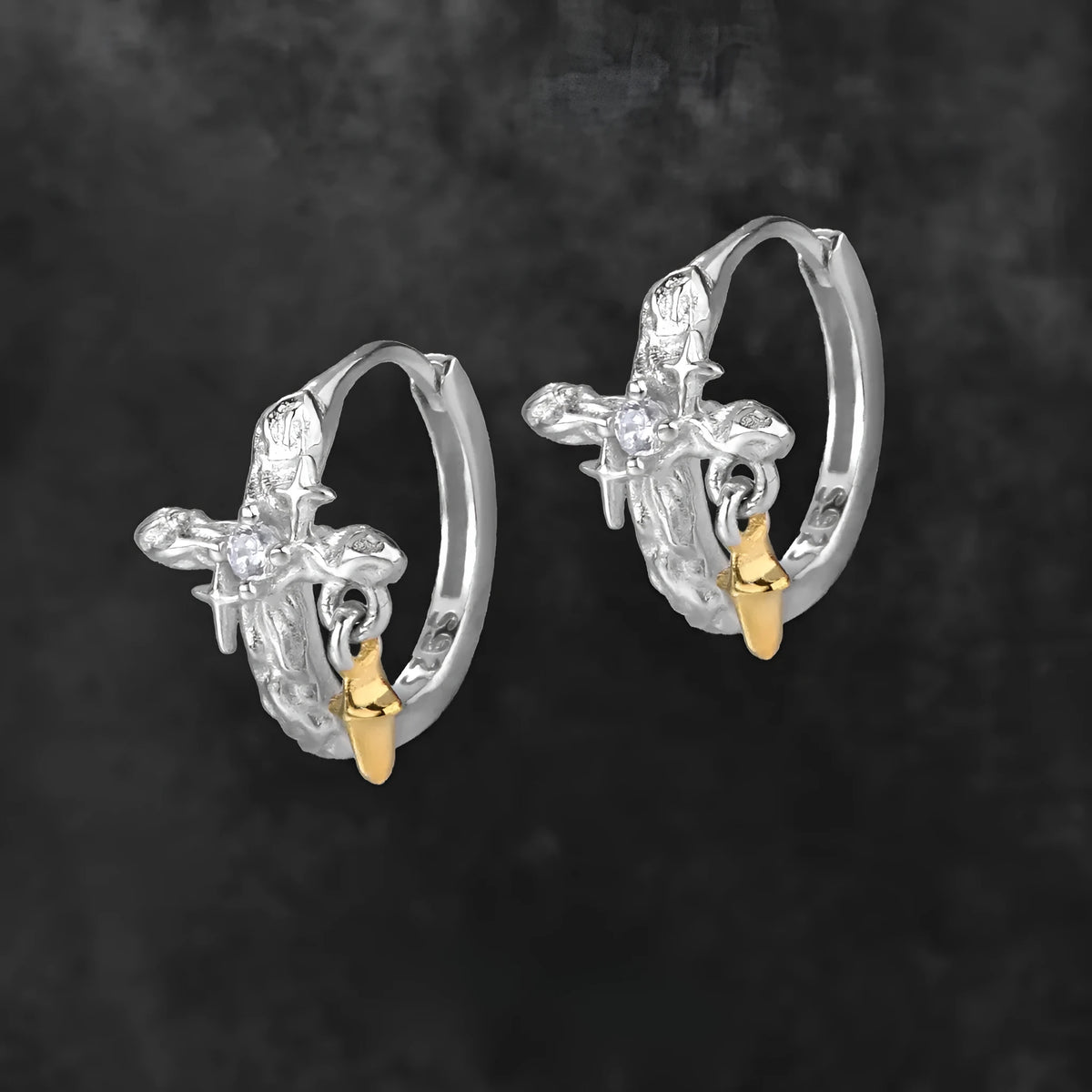 925 sterling silver geometric cross earrings with white gold colour finish and round design elements