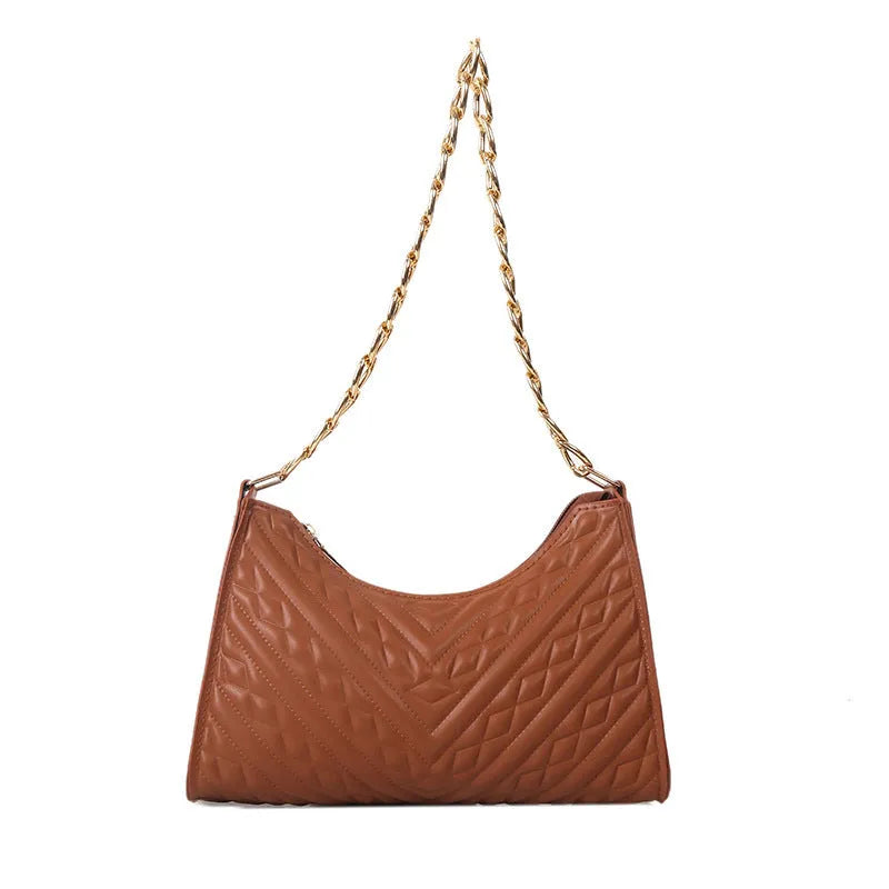 Brown pleated PU leather baguette bag with a gold-tone chain shoulder strap and a soft top handle.