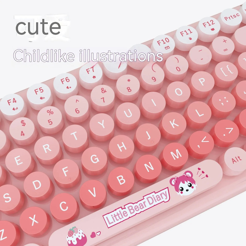 Candy pink wireless keyboard and mouse set with miniature cartoon design on a desk.