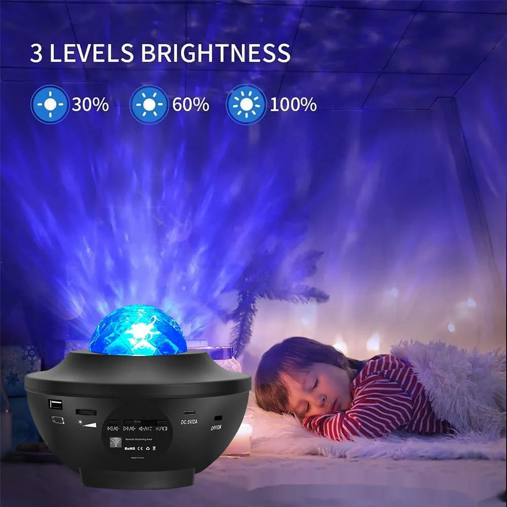 Black parallel style starry sky projection lamp with rotating water ripple laser effects and remote control