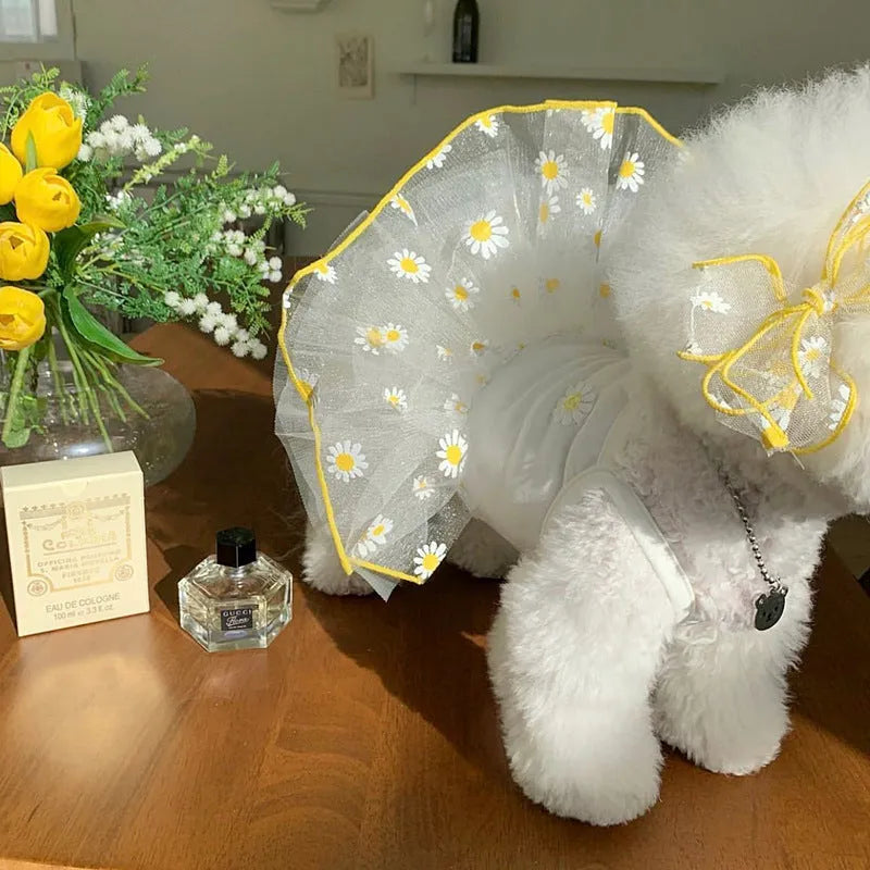 Yellow daisy patterned polyester dog clothes for summer wear in multiple sizes